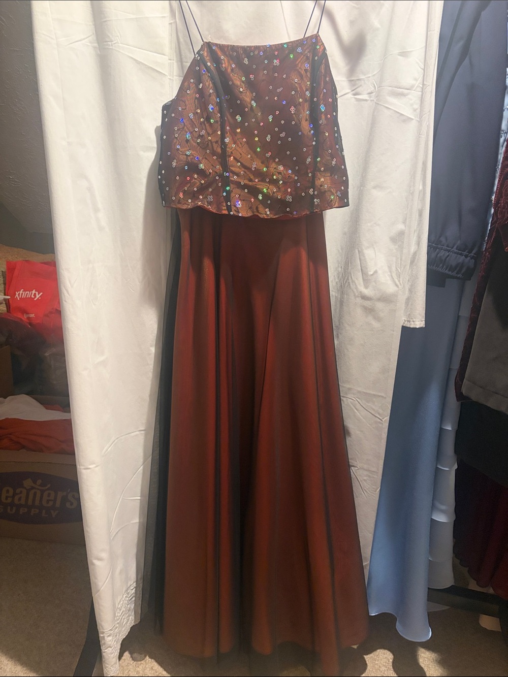 Strapless Two-Piece Prom Dress in Rust with Sequin Top